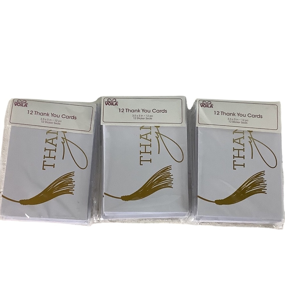 Voila 36 Count Thank You Cards with Sticker Seals 3 Packs of 12 WhiteGold Tassel
